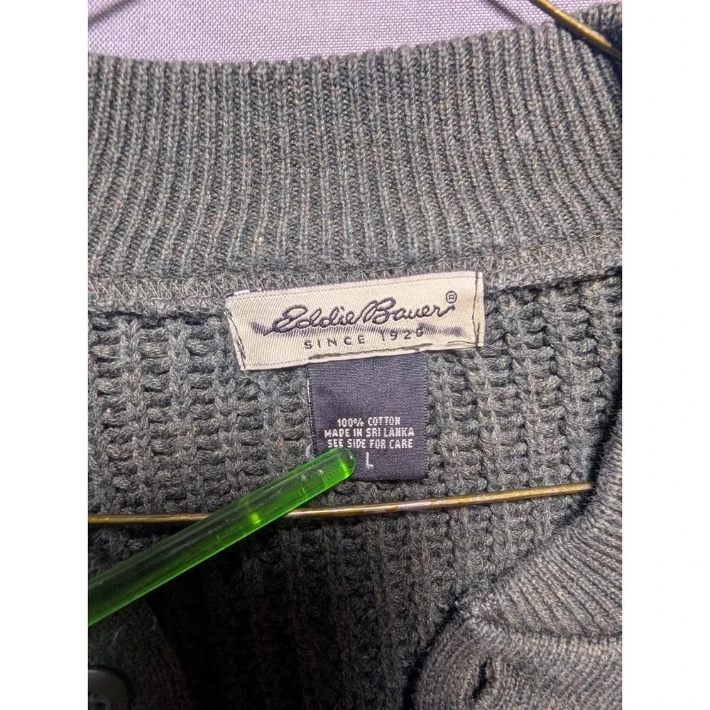 Vintage Eddie Bauer Henley Sweater Men's Large Green Chunky Knitted Classic Fit